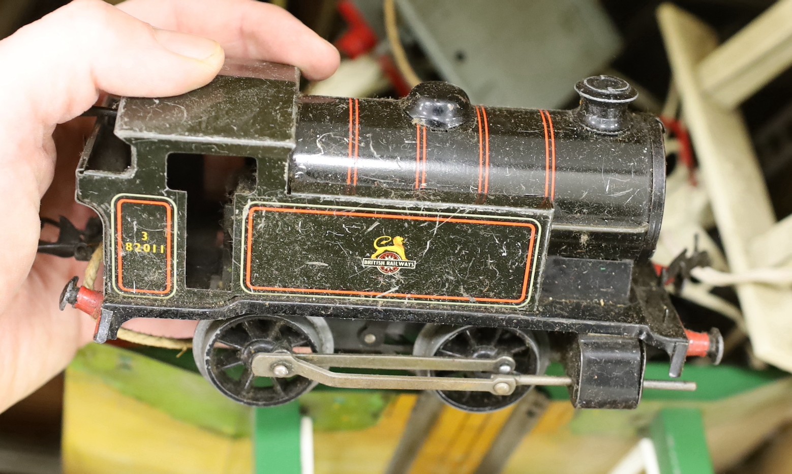 A Dublo Hornby locomotive, a quantity of tack etc and a Walt Disney made in Britain tin windup toy of Mickey Mouse and Donald Duck